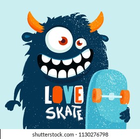 Funny cartoon monster with skateboard. Vector illustration