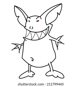 Funny cartoon monster with small red eyes, sketch illustration.
