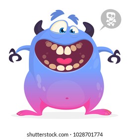 Funny cartoon monster smiling with big mouth. Vector illustration of blue monster character for Halloween