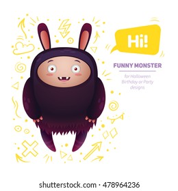 Funny cartoon monster smiling, isolated on white background for Halloween and children birthday celebration designs