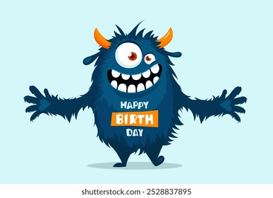 Monstro engraçado de desenho animado esticando suas patas. Feliz aniversário bonito design. Ilustração vetorial