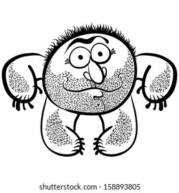 Funny Cartoon Monster With Stubble, Black And White Lines Vector Illustration.