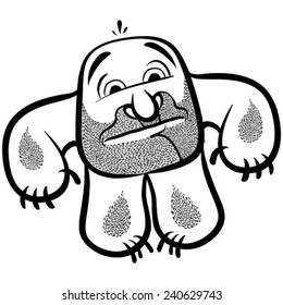 Funny cartoon monster with stubble, black and white lines vector illustration.