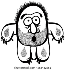 Funny Cartoon Monster With Stubble, Black And White Lines Vector Illustration.