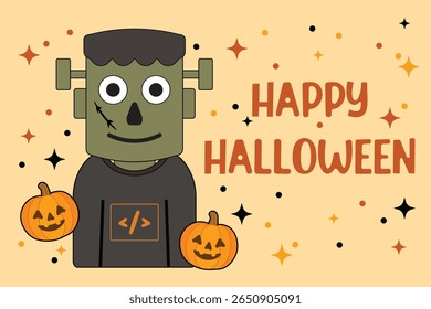Funny cartoon monster in a T-shirt with programming symbols, standing on orange background with pumpkins. Perfect Halloween tech-themed illustration for coders, developers, and creatives.