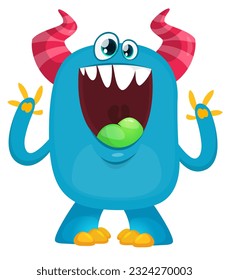 Funny cartoon monster waving hands. Angry face expression