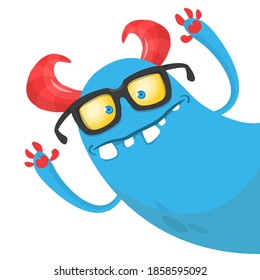 Funny cartoon monster wearing eyeglasses. Illustration of cute monster creature. Halloween vector design