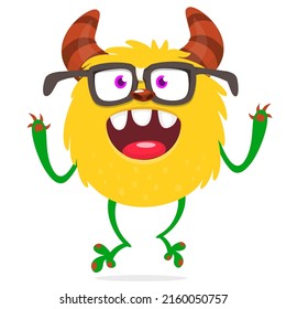 Funny cartoon monster wearing eyeglasses. Halloween Illustration of happy alien nerd. Vector isolated