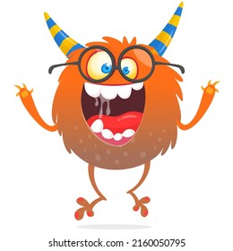 Funny cartoon monster wearing eyeglasses. Halloween Illustration of happy alien nerd. Vector isolated