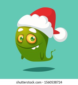 Funny cartoon monster wearing Santa Claus hat. Christmas illustration