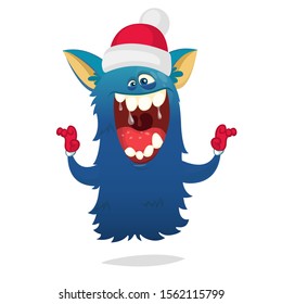 Funny cartoon monster wearing Santa Claus hat. Christmas illustration