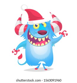 Funny cartoon monster wearing Santa Claus hat. Christmas illustration