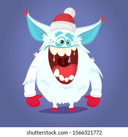 Funny cartoon monster wearing Santa Claus hat. Christmas illustration