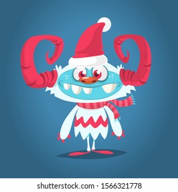 Funny cartoon monster wearing Santa Claus hat. Christmas illustration