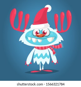 Funny cartoon monster wearing Santa Claus hat. Christmas illustration
