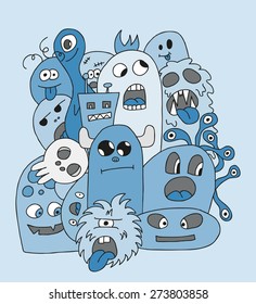 Funny cartoon monsters card in blue colors