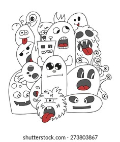 Funny cartoon monsters card in white and black colors