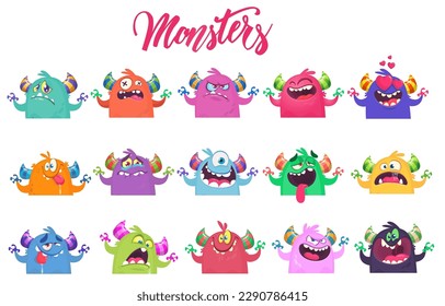 Funny cartoon monsters characters set with different expressions. Illustration of cute and happy alien. Halloween vector design isolated