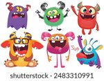 Funny cartoon monsters with different face expressions. Set of cartoon vector happy monsters characters. Halloween design for party decoration or package design