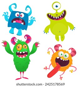 Funny cartoon monsters with different face expressions. Set of cartoon vector happy monsters characters. Halloween design for party decoration or package design