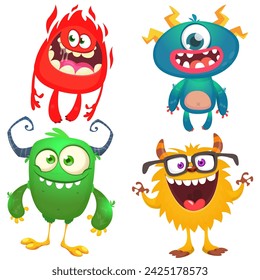 Funny cartoon monsters with different face expressions. Set of cartoon vector happy monsters characters. Halloween design for party decoration or package design