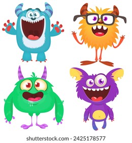 Funny cartoon monsters with different face expressions. Set of cartoon vector happy monsters characters. Halloween design for party decoration or package design