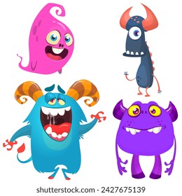 Funny cartoon monsters with different face expressions. Set of cartoon vector happy monsters characters. Halloween design for party decoration or package design