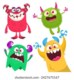 Divertidos monstruos de dibujos animados con diferentes expresiones faciales. Conjunto de personajes de monstruos felices vectoriales de dibujos animados: duende, fantasma, troll, monstruo, yeti y alienígena .