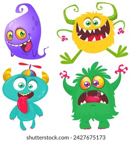 Funny cartoon monsters with different face expressions. Set of cartoon vector happy monsters characters. Halloween design for party decoration or package design