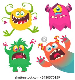 Funny cartoon monsters with different face expressions. Set of cartoon vector happy monsters characters. Halloween design for party decoration or package design