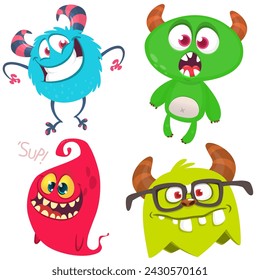 Funny cartoon monsters with different face expressions. Set of cartoon vector happy monsters characters. Halloween design for party decoration or package design