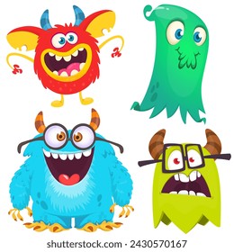 Funny cartoon monsters with different face expressions. Set of cartoon vector happy monsters characters. Halloween design for party decoration or package design