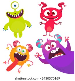 Funny cartoon monsters with different face expressions. Set of cartoon vector happy monsters characters. Halloween design for party decoration or package design