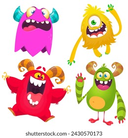 Funny cartoon monsters with different face expressions. Set of cartoon vector happy monsters characters. Halloween design for party decoration or package design