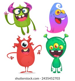 Funny cartoon monsters with different face expressions. Set of cartoon vector happy monsters characters. Halloween design for party decoration or package design