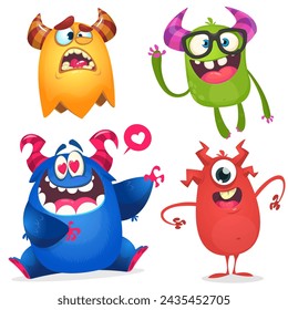 Funny cartoon monsters with different face expressions. Set of cartoon vector happy monsters characters. Halloween design for party decoration or package design