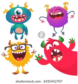 Funny cartoon monsters with different face expressions. Set of cartoon vector happy monsters characters. Halloween design for party decoration or package design