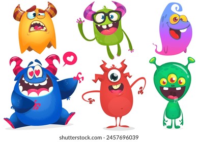 Funny cartoon monsters with different face expressions. Set of cartoon vector happy monsters characters. Halloween design for party decoration or package design