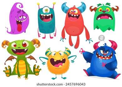 Funny cartoon monsters with different face expressions. Set of cartoon vector happy monsters characters. Halloween design for party decoration or package design