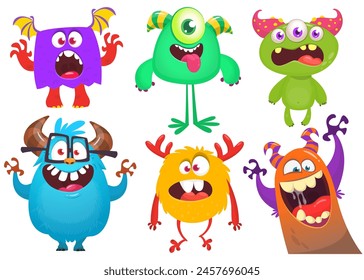 Funny cartoon monsters with different face expressions. Set of cartoon vector happy monsters characters. Halloween design for party decoration or package design