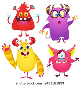 Funny cartoon monsters with different face expressions. Set of cartoon vector happy monsters characters. Halloween design for party decoration or package design