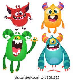 Funny cartoon monsters with different face expressions. Set of cartoon vector happy monsters characters. Halloween design for party decoration or package design