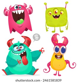 Funny cartoon monsters with different face expressions. Set of cartoon vector happy monsters characters. Halloween design for party decoration or package design