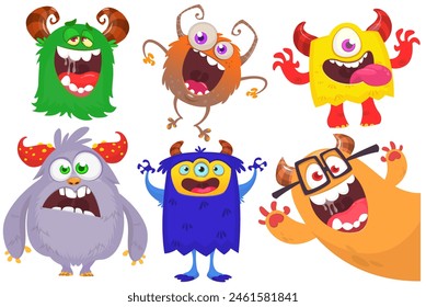 Funny cartoon monsters with different face expressions. Set of cartoon vector happy monsters characters. Halloween design for party decoration or package design