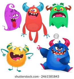 Funny cartoon monsters with different face expressions. Set of cartoon vector happy monsters characters. Halloween design for party decoration or package design