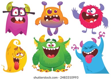 Funny cartoon monsters with different face expressions. Set of cartoon vector happy monsters characters. Halloween design for party decoration or package design