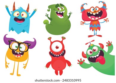 Funny cartoon monsters with different face expressions. Set of cartoon vector happy monsters characters. Halloween design for party decoration or package design