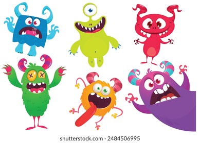 Divertidos monstruos de dibujos animados con diferentes expresiones faciales. Conjunto de personajes de monstruos felices de Vector de dibujos animados. Diseño de Halloween para decoración de fiestas o diseño de paquetes