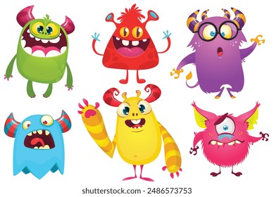 Funny cartoon monsters with different face expressions. Set of cartoon vector happy monsters characters. Halloween design for party decoration or package design