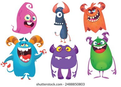 Funny cartoon monsters with different face expressions. Set of cartoon vector happy monsters characters. Halloween design for party decoration or package design